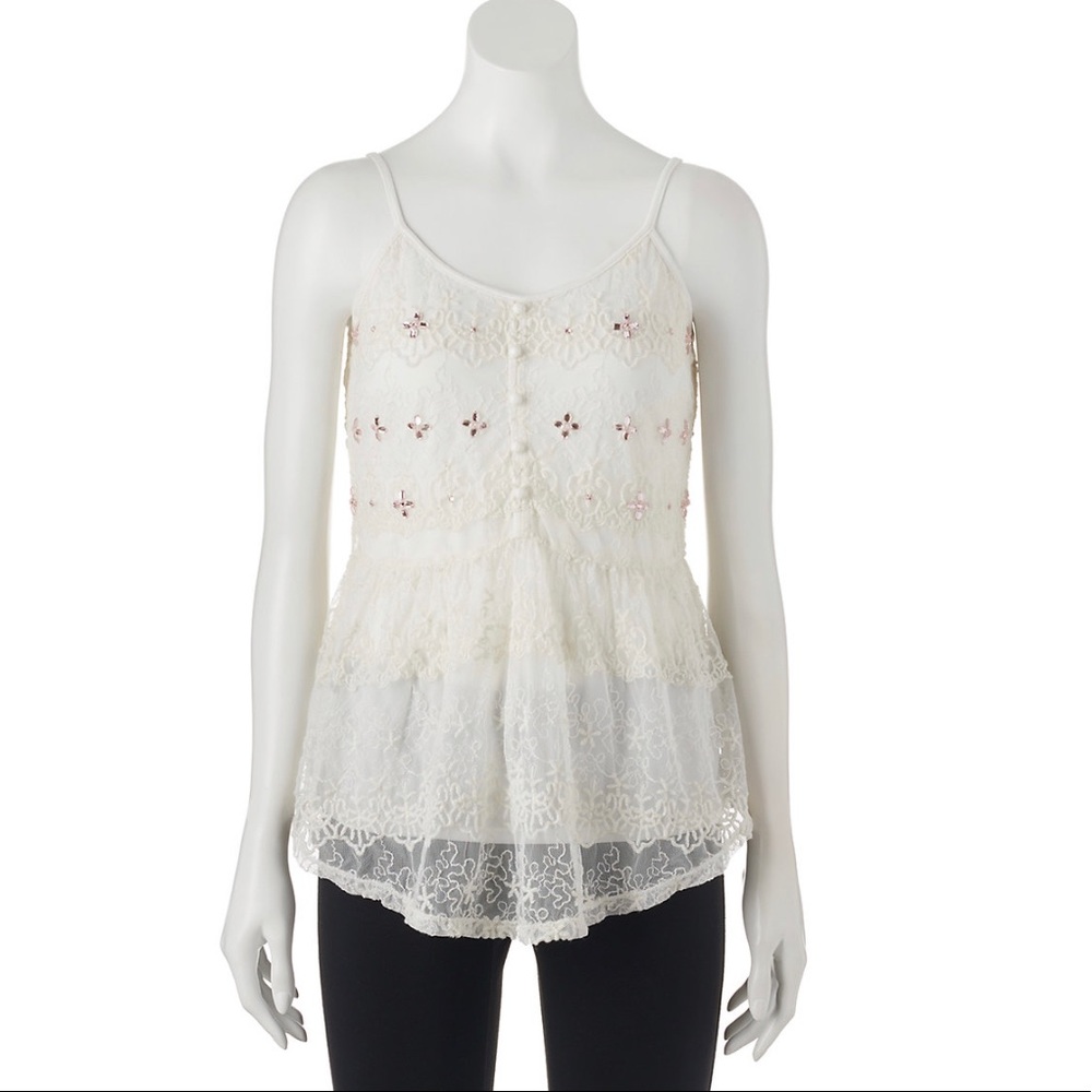 Juniors Candie’s Embellished Lace Overlay Tank Top